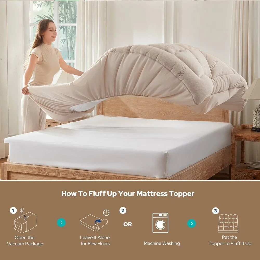 Bedlore Twin XL Fluffy Mattress Topper Bamboo Breathable Quilted Cream Open Box